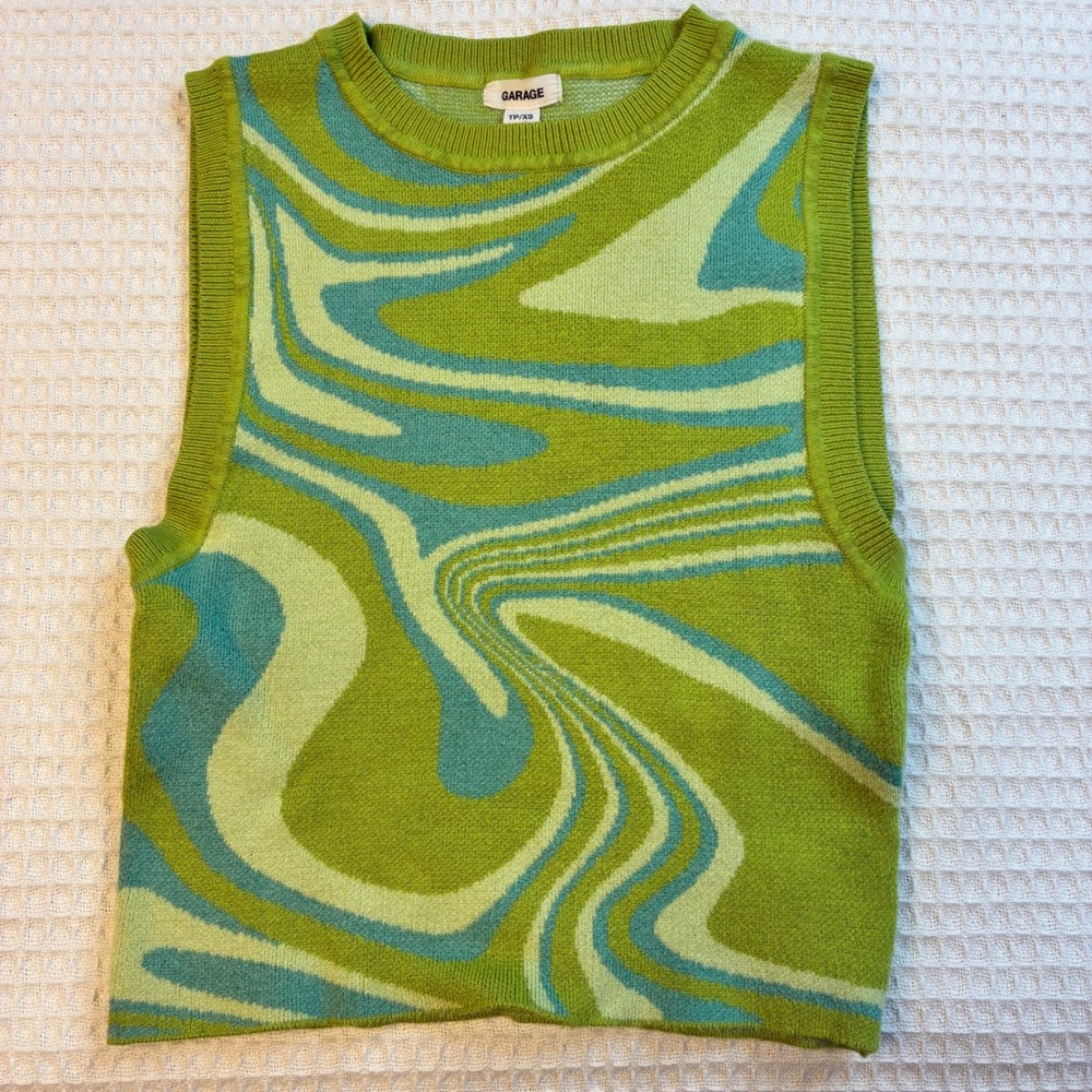Garage Green Psychedelic Swirl Knit Sweater Vest XS Crew Neck Sleeveless Top